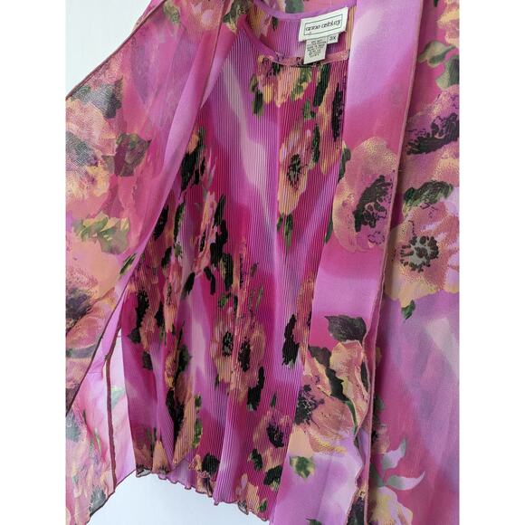 Anne Ashley VTG 2 Piece Set Tank Shirt Size 3X Pink Floral Sheer Accordion‎ Tank - Picture 3 of 11